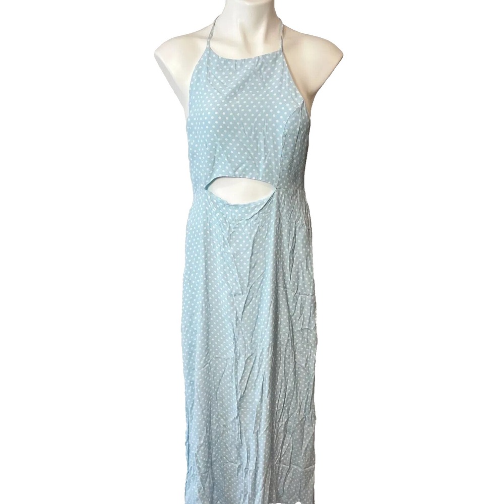 FOREVER 21 Polka Dot Cut Out Sleeveless Maxi‎ Dress Womens L Blue High Neck NEW